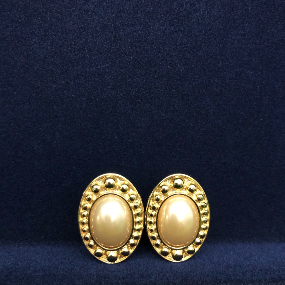 Monet-Retro Oval Gold-Tone and Pearl Clip Earrings